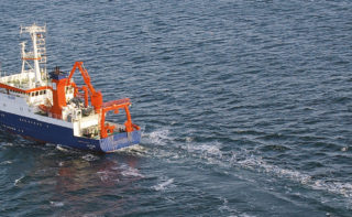 The research vessel Alkor is at sea. The ship is used in the North Sea and the Baltic Sea.