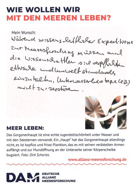 Antworten auf die Wunsch-Postkarte der Deutschen Allianz Meeresforschung (DAM) „Wie wollen wir mit dem Meer leben?“ Die Wünsche beziehen sich auf Nachhaltigkeit, Schutz, Nutzung, Forschung, Artenschutz, Biodiversität und Meere ohne Plastikmüll.