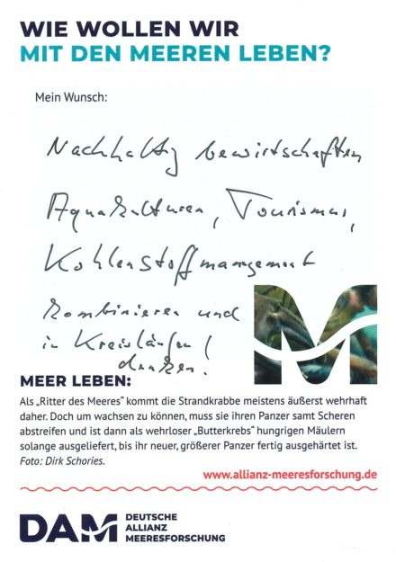 Antworten auf die Wunsch-Postkarte der Deutschen Allianz Meeresforschung (DAM) „Wie wollen wir mit dem Meer leben?“ Die Wünsche beziehen sich auf Nachhaltigkeit, Schutz, Nutzung, Forschung, Artenschutz, Biodiversität und Meere ohne Plastikmüll.