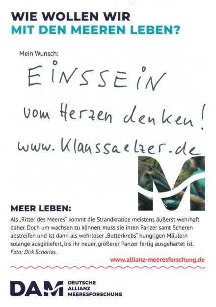 Antworten auf die Wunsch-Postkarte der Deutschen Allianz Meeresforschung (DAM) „Wie wollen wir mit dem Meer leben?“ Die Wünsche beziehen sich auf Nachhaltigkeit, Schutz, Nutzung, Forschung, Artenschutz, Biodiversität und Meere ohne Plastikmüll.