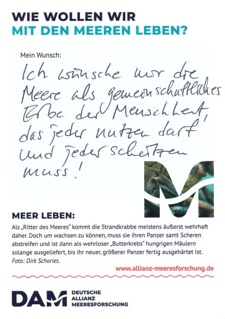 Antworten auf die Wunsch-Postkarte der Deutschen Allianz Meeresforschung (DAM) „Wie wollen wir mit dem Meer leben?“ Die Wünsche beziehen sich auf Nachhaltigkeit, Schutz, Nutzung, Forschung, Artenschutz, Biodiversität und Meere ohne Plastikmüll.