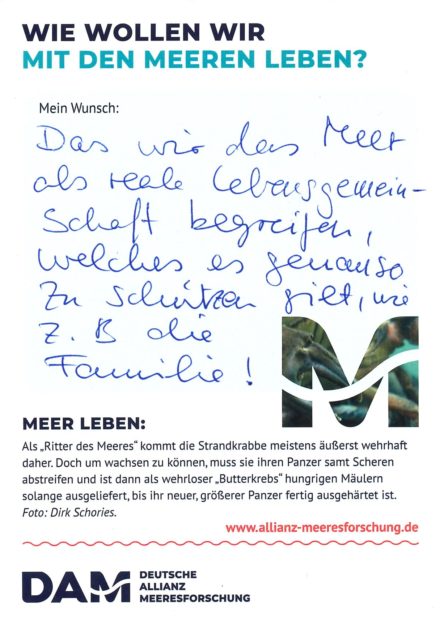 Answers to the postcard of the German Marine Research Alliance (DAM) "How do we want to live with the sea? The wishes relate to sustainability, protection, use, research, protection of species, biodiversity and seas without plastic waste.