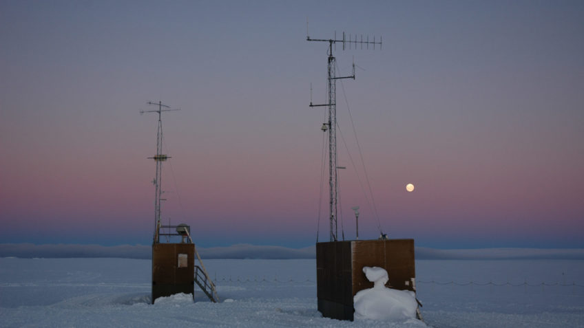 40 years AWI Center for Polar and Marine Research. Neumayer Station II in Antarctica with moon