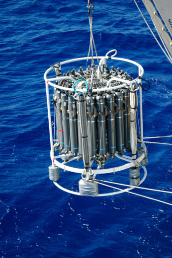 A so-called CTD-rosette being deployed to collect Atlantic Ocean Deep water samples