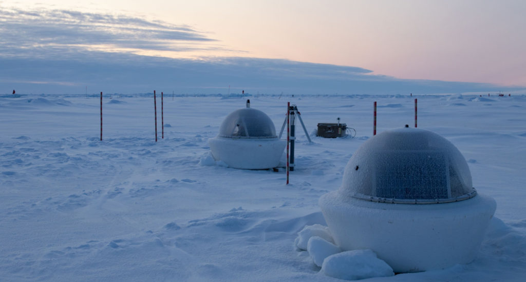 Zwei Messbojen im arktischen Meereis