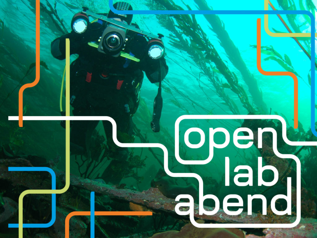 Cover of the "Open Lab Evening" picturing a diver underwater