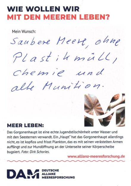 Ausgefüllte Wunsch-Karte "Saubere Meere, ohne Plastikmüll, Chemie und alte Munition" am Stand der DAM zum Deutschlandtag am 3. Oktober 23 in Hamburg