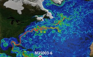 Modellsimulation der Oberflächenströmungsgeschwindigkeit im Atlantik mit Darstellung des Golfstroms und der Position des untersuchten karibischen Sedimentkerns. Die neue Studie bestätigt, dass Salztransport in Süd-Nord-Richtung durch nordatlantische Strömungen ein entscheidender Rückkopplungsmechanismus für die Klimaregulierung ist.