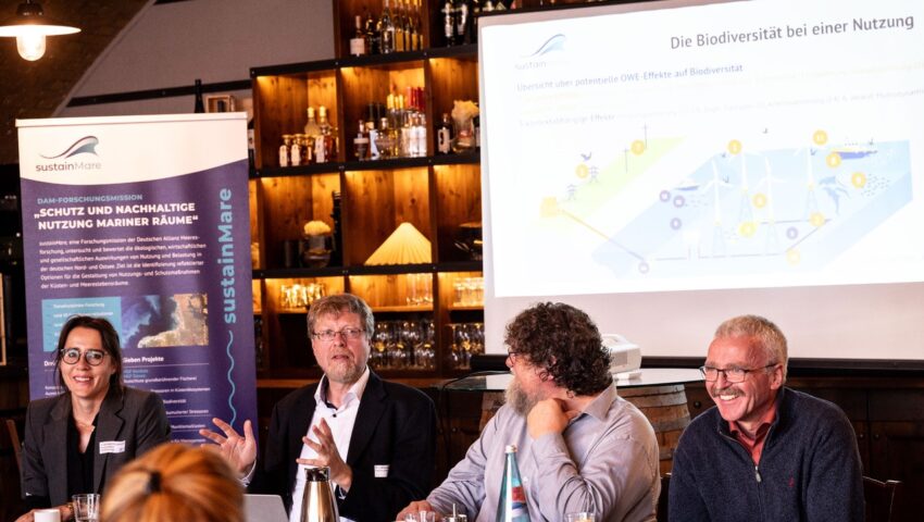 Dr. Annekatrin Lehmann (Geschäftsführerin der Deutschen Allianz Meeresforschung und Leiterin des Kernbereichs Forschung), Dr. Andreas Kannen (Helmholtz-Zentrum Hereon, Sozioökonomie des Küstenraumes), Prof. Dr. Helmut Hillebrand (Professor für Planktologie an der Carl von Ossietzky Universität Oldenburg), Dr. Ralf Döring (Johann Heinrich von Thünen-Institut, Arbeitsgruppenleiter der AG Fischerei- und Aquakulturökonomie)
