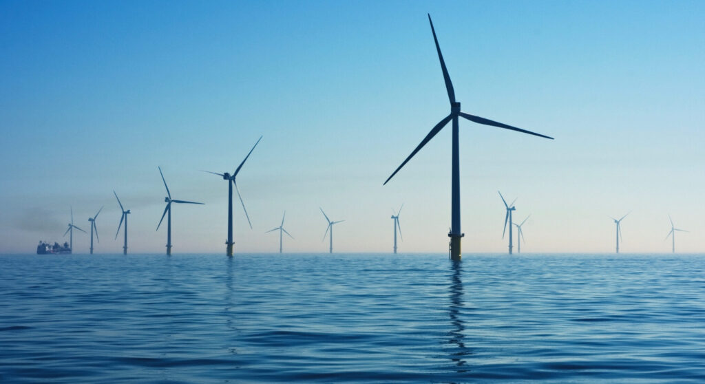 nachhaltige Nutzung: Windradpark auf dem Ozean bei klarem Himmel und ruhiger See