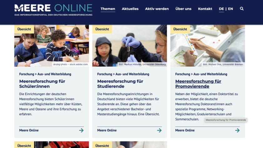 Screenshot der Webseite Bildungsangebote auf Meere Online